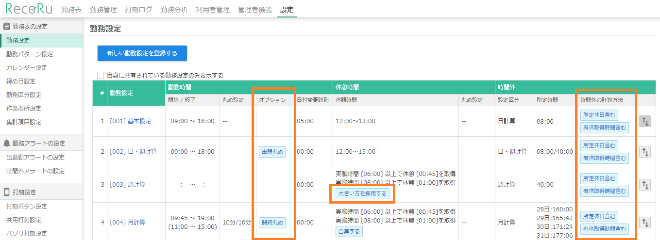 勤務設定一覧画面