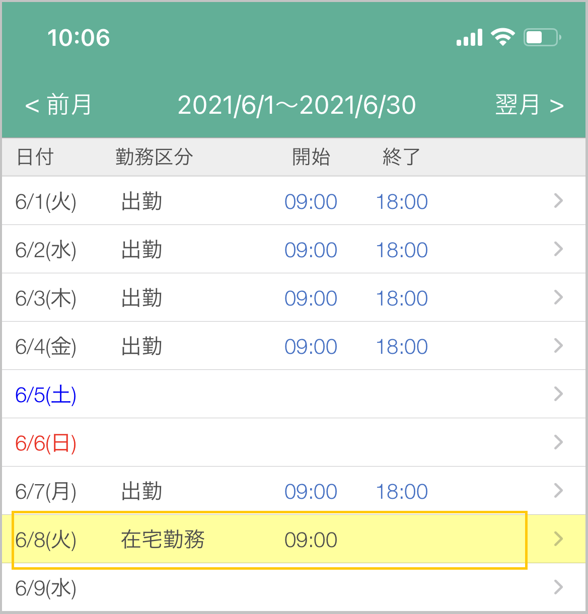 スマートフォンアプリの勤務表画面