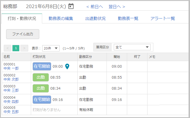 打刻・勤務状況画面