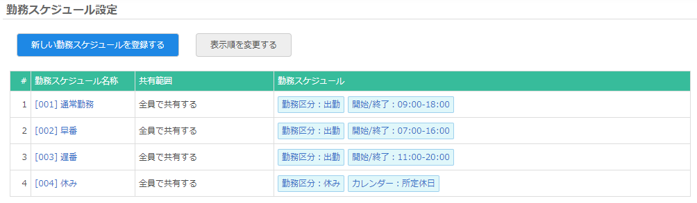 勤務スケジュール設定画面