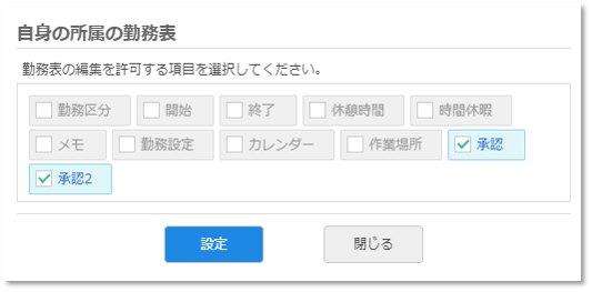 勤務表項目の編集権限設定画面