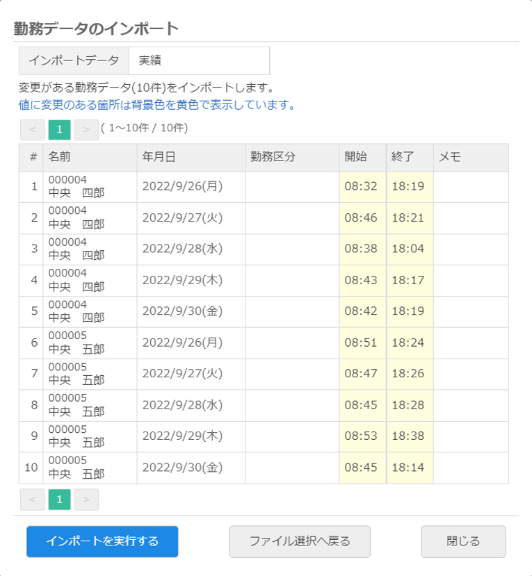 勤務データのインポート