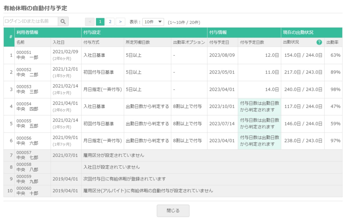 有休自動付与予定の確認画面