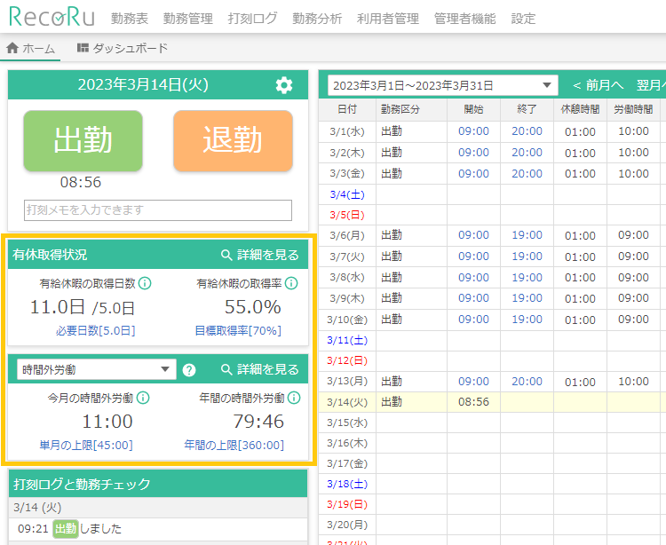 ホーム画面の勤務分析（有休取得状況/時間外労働）