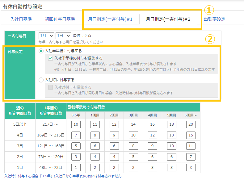 有休自動付与設定画面